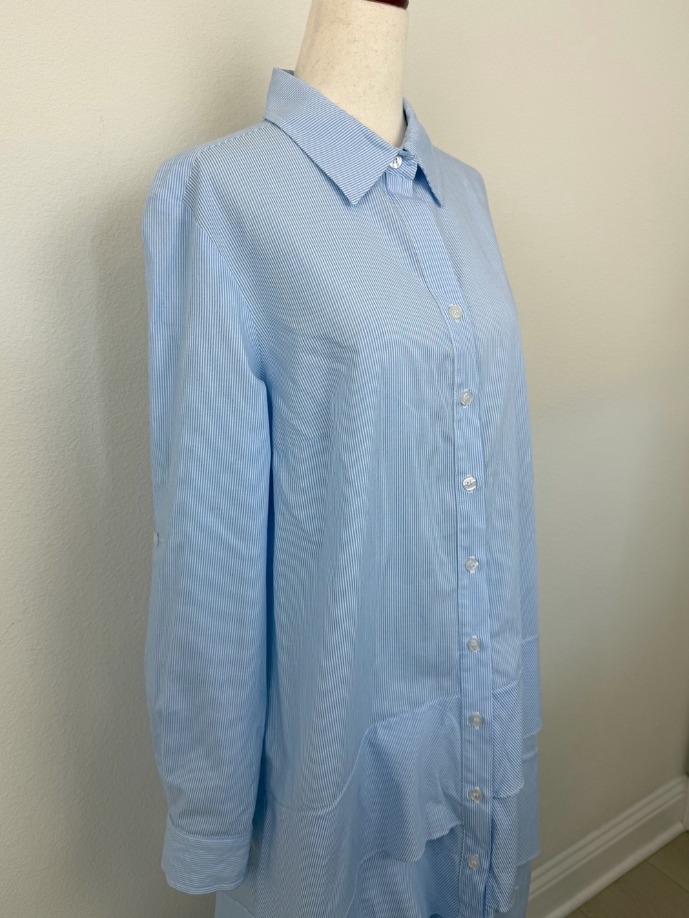 Finley Jenna Striped Cotton Chambray Ruffle Shirtdress Womens Blue White - Picture 8 of 16